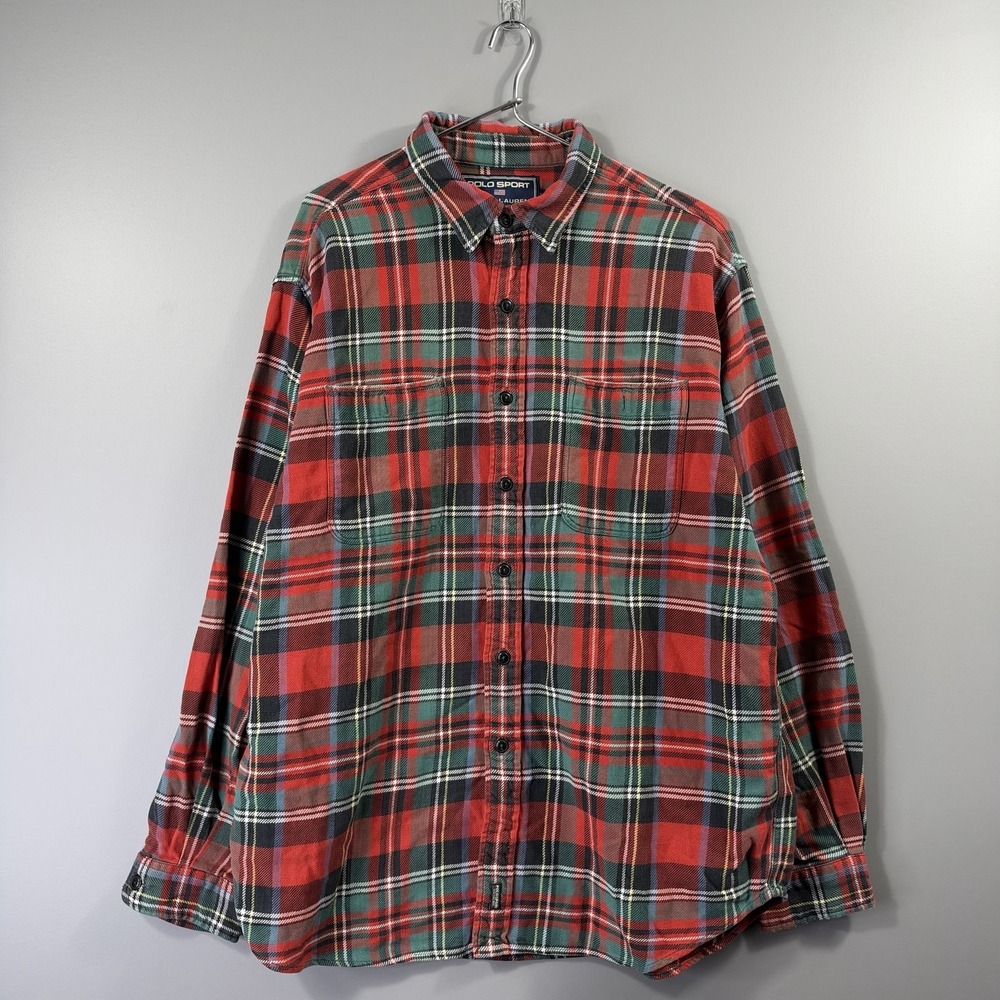 Polo Sport Ralph Lauren Shirt Mens Large Red Plaid Flannel Button Up Pockets
